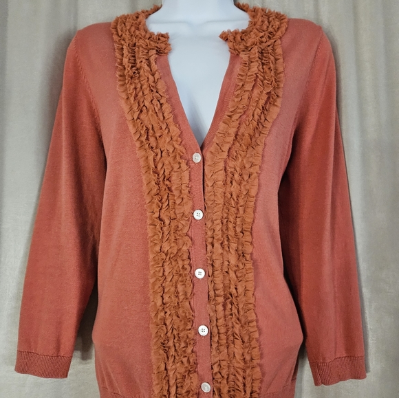 NWOT Talbots orange ruffled silk cotton cardigan sweater Womens Medium - Picture 5 of 7